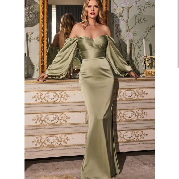 Sage Long Sleeve Off The Shoulder Soft Satin Fitted Dress - Picture 1 of 14